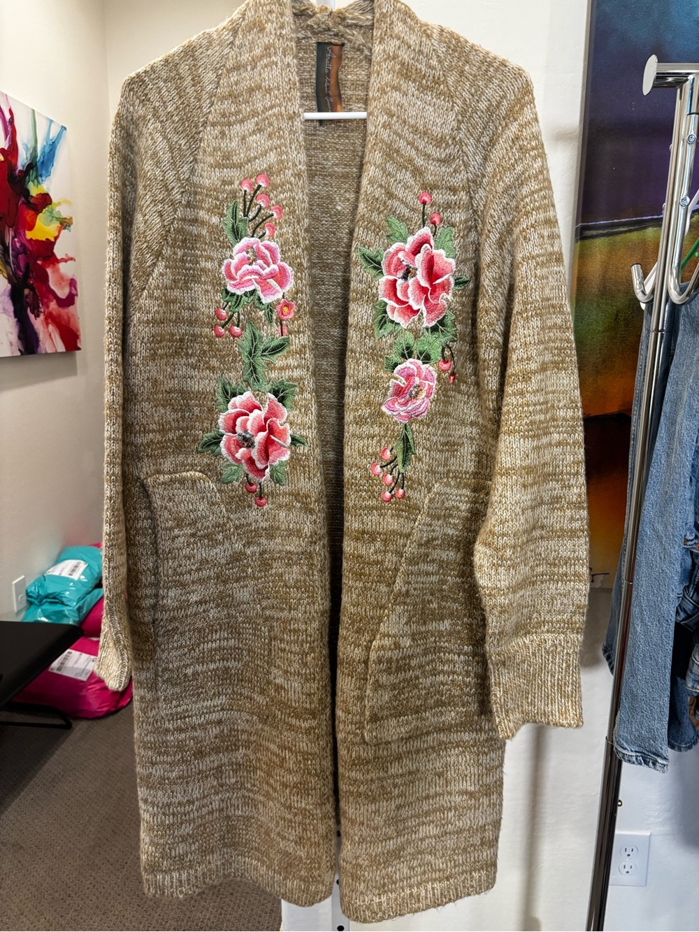 Aratta Silent Journey Embroidered Open-Front Long Tan Cardigan - Size Large - Picture 2 of 4